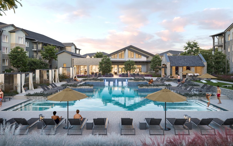 a pool with plenty of seating.