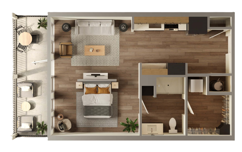 The Alpine - Studio floorplan layout with 1 bathroom and 699 square feet (3D)