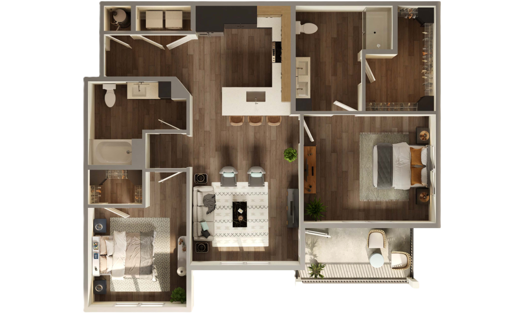 The Amarillo - 2 bedroom floorplan layout with 2 bathrooms and 1230 square feet (3D)