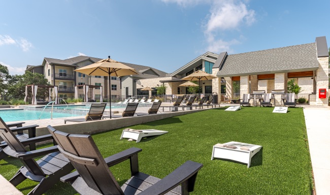 A game yard with cornhole