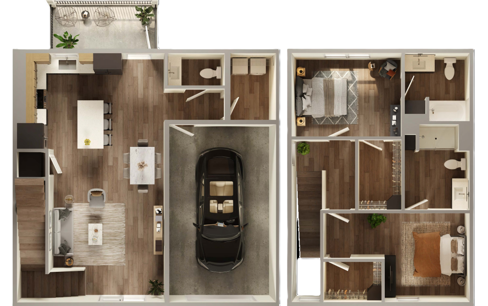 The Marshall Carriage Home - 2 bedroom floorplan layout with 2 bathrooms and 1459 square feet (3D)