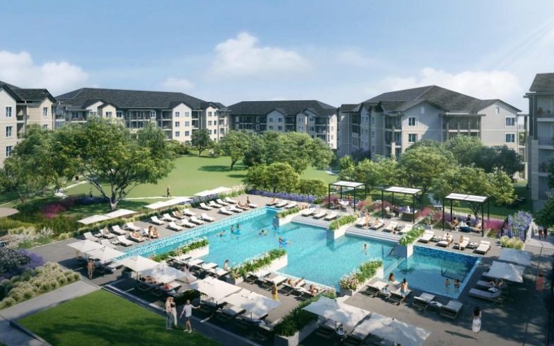 a large swimming pool in an apartment