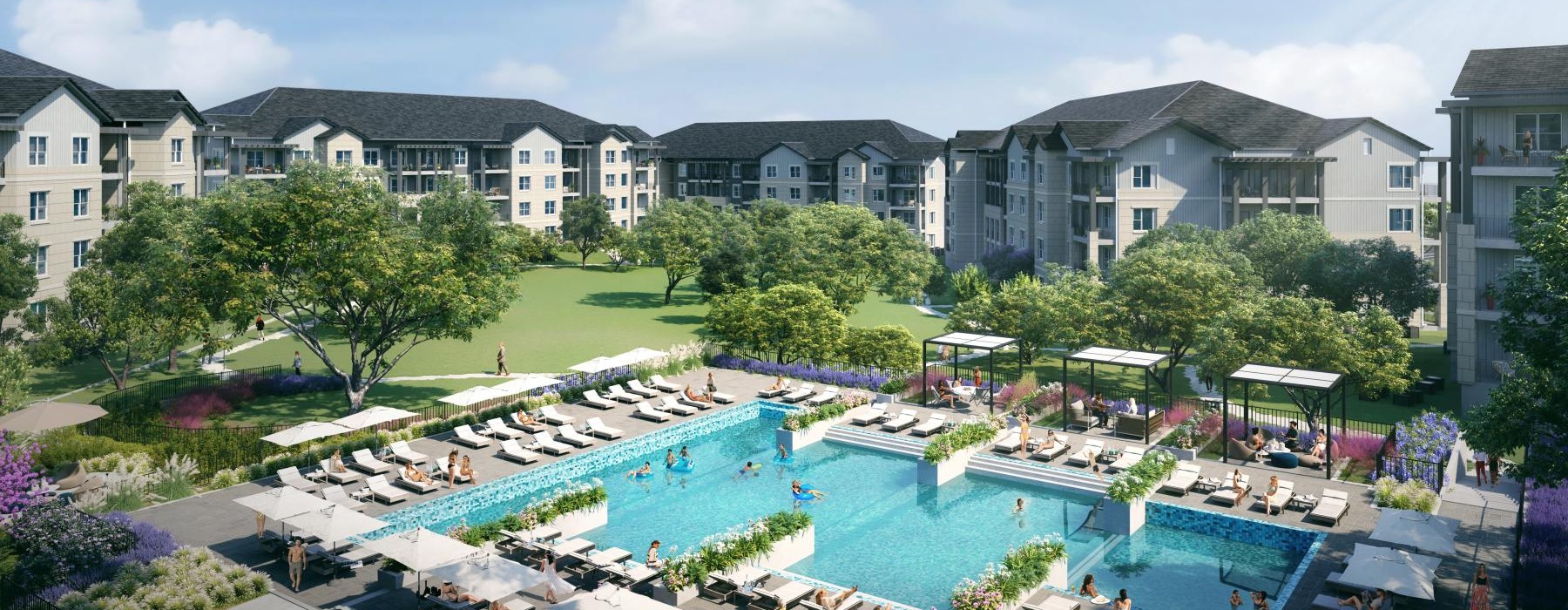 a large swimming pool in an apartment