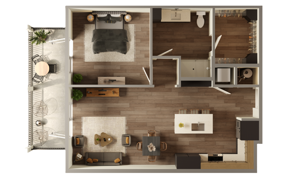 The Baytown - 1 bedroom floorplan layout with 1 bathroom and 879 square feet (3D)