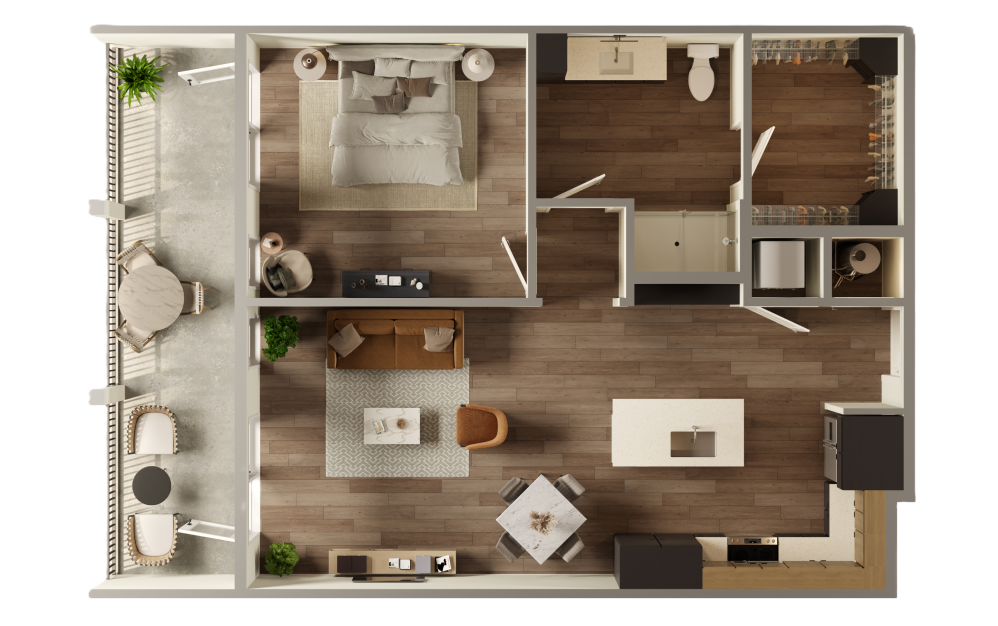 The Plano - 1 bedroom floorplan layout with 1 bathroom and 879 square feet (3D)