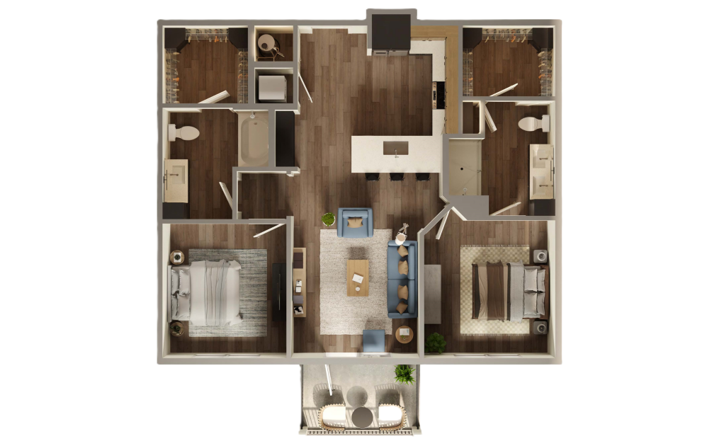 The Sonora - 2 bedroom floorplan layout with 2 bathrooms and 1074 square feet (3D)