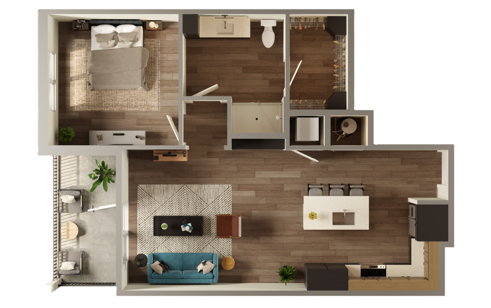 The Victoria - 1 bedroom floorplan layout with 1 bathroom and 894 square feet (3D)